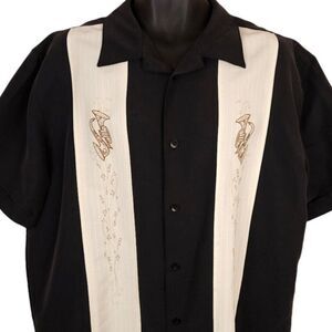 Cubavera Camp Shirt Mens Size XL Black White Rockabilly Musical Embroidered